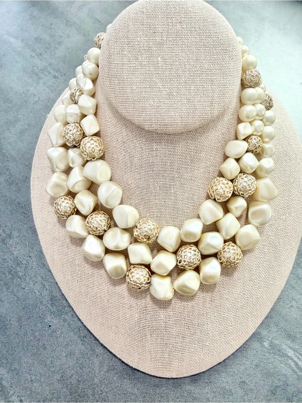 Vintage Multi Strand Necklace Chunky Faux Pearl With Gold Tone Beaded Retro
